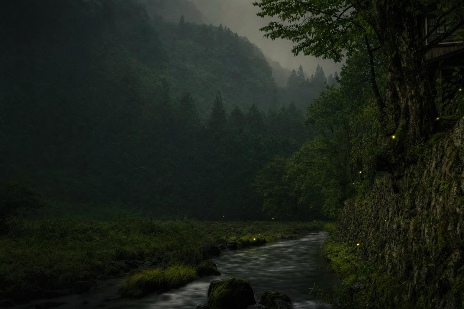 荘川の静かな夏の夜と森